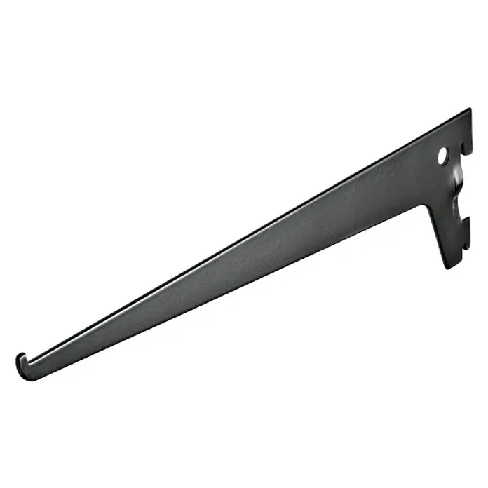 Dolle Soporte de estanterías simple - Largo: 30 cm, Carga soportada: 55 kg, Negro - Primer plano de un soporte de estante negro para montaje en pared. Ideal para la fijación estable de estantes en el salón.