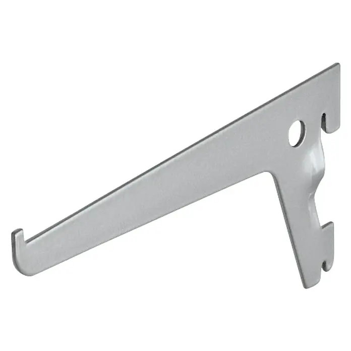 Dolle Soporte de estanterías simple - Largo: 15 cm, Carga soportada: 55 kg, Gris - Primer plano de un soporte de estante plateado, diseñado para sostener una estantería y proporcionar un soporte robusto.