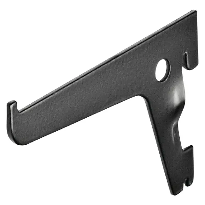 Dolle Soporte de estanterías simple - Largo: 10 cm, Carga soportada: 55 kg, Negro - Primer plano de un soporte de estante negro con gancho para montaje en pared.