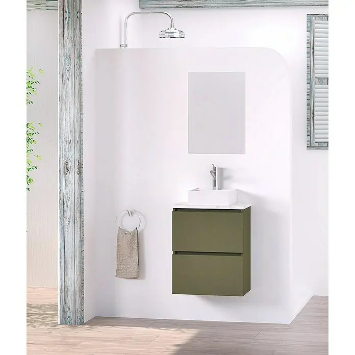 Artysan Conjunto de mueble de baño Picolo - Musgo, Mate - El lavabo de baño con tocador presenta un diseño moderno con líneas limpias y un elegante acabado en verde oliva.