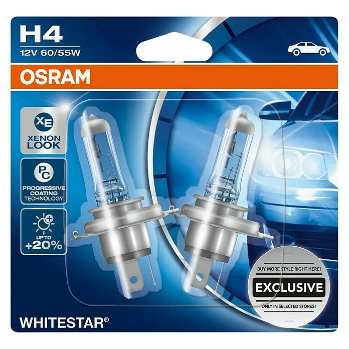 Osram Hauptscheinwerfer-Lampen White Star - H4, 2 Stk. - Das Bild zeigt eine H4 12V 60/55W Whitestar® Xenon Look-Glühlampe von Osram, die bis zu 20% mehr Licht bietet.