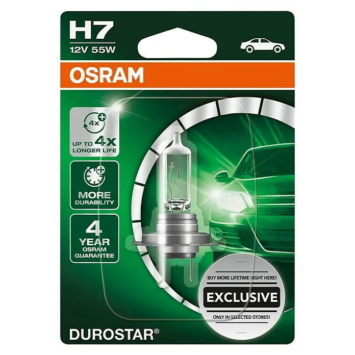 Osram Hauptscheinwerfer-Lampen Durostar - H7, 1 Stk. - OSRAM Durostar H7 Scheinwerferlampe. Die H7-Lampe mit 12 V und 55 W bietet bis zu 4-fache Lebensdauer und 4 Jahre Garantie.