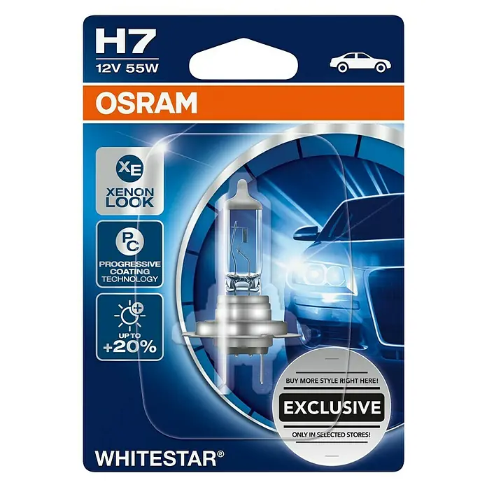 Osram Hauptscheinwerfer-Lampen White Star - H7, 1 Stk. - Osram Whitestar H7 12V 55W Autoscheinwerferlampe, die ein Xenon-Look-Licht und bis zu 20 % mehr Licht bietet, exklusiv in ausgewählten Geschäften.