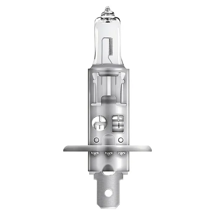 Osram Hauptscheinwerfer-Lampen Durostar - H1, 2 Stk. - Nahaufnahme einer H1-Halogenlampe, die für ihre Helligkeit und klare Sicht bei Nachtfahrten bekannt ist.\n