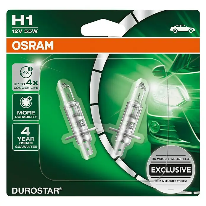 Osram Hauptscheinwerfer-Lampen Durostar - H1, 2 Stk. - Produktbild einer Osram Durostar H1 12V 55W Glühbirne, die bis zu 4x längere Lebensdauer und 4 Jahre Garantie bietet.