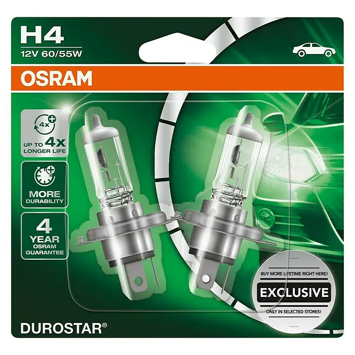 Osram Hauptscheinwerfer-Lampen Durostar - H4, 2 Stk. - Produktbild von OSRAM DUROSTAR H4-Glühlampen, bekannt für ihre lange Lebensdauer und Zuverlässigkeit. Ideal für klare Sicht und sicheres Fahren.