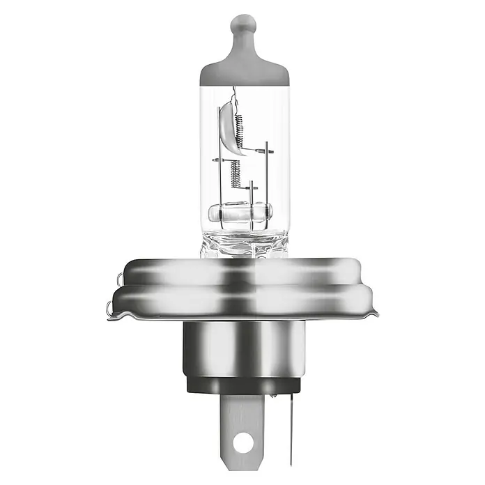 Osram Hauptscheinwerfer-Lampen Durostar - H4, 2 Stk. - Nahaufnahme einer H4-Halogenlampe für Autoscheinwerfer, die ihre interne Struktur zeigt.