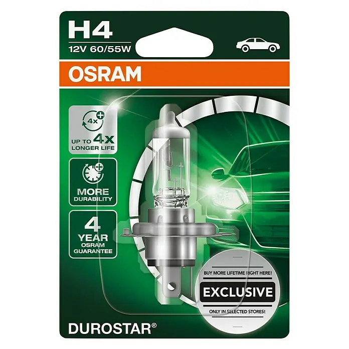 Osram Hauptscheinwerfer-Lampen Durostar - H4, 1 Stk. - Nahaufnahme einer OSRAM DUROSTAR® H4-Glühbirne mit verbesserter Lebensdauer und 4 Jahren Garantie für zuverlässige Fahrzeugbeleuchtung.