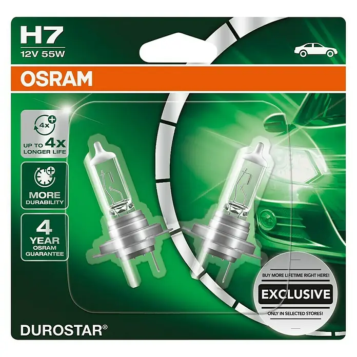 Osram Hauptscheinwerfer-Lampen Durostar - H7, 2 Stk. - Produktbild der Osram Durostar H7 12V 55W Halogenlampe, die bis zu 4x längere Lebensdauer und 4 Jahre Garantie bietet.