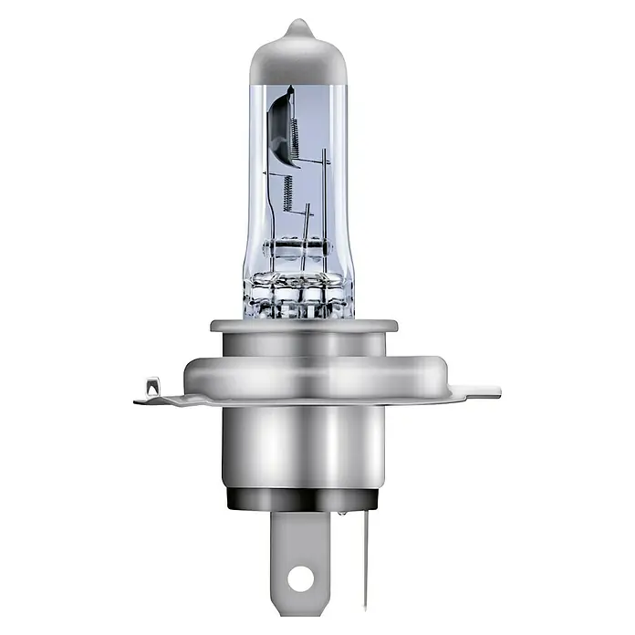 Osram Hauptscheinwerfer-Lampen White Star - H4, 1 Stk. - Nahaufnahme einer H4-Halogenlampe mit klarem Glaskolben und Metallsockel, ideal für Autoscheinwerfer.