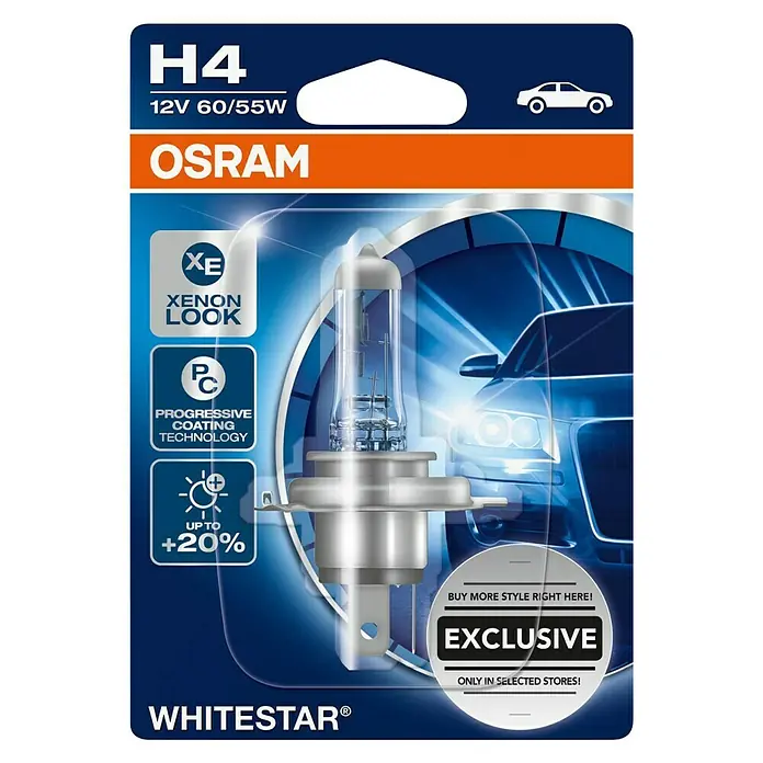 Osram Hauptscheinwerfer-Lampen White Star - H4, 1 Stk. - Produktverpackung der OSRAM WHITESTAR® H4-Autolampe mit Xenon-Look für 12V 60/55W, die eine verbesserte Lichtleistung von bis zu 20% bietet.