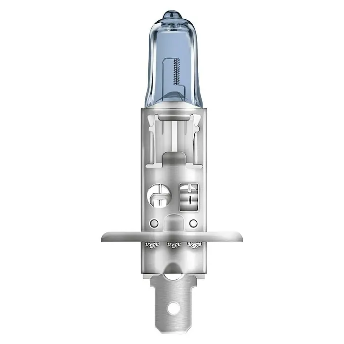 Osram Hauptscheinwerfer-Lampen White Star - H4, 2 Stk. - Nahaufnahme einer H7-Halogenlampe mit bläulichem Glaskolben, die für eine helle und klare Ausleuchtung im Fahrzeug sorgt.