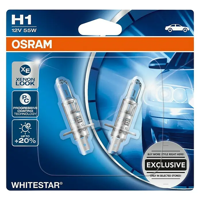 Osram Hauptscheinwerfer-Lampen White Star - H1, 2 Stk. - Abbildung der Osram Whitestar H1 12V 55W Xenon Look Halogenlampe, die bis zu 20% mehr Licht bietet.
