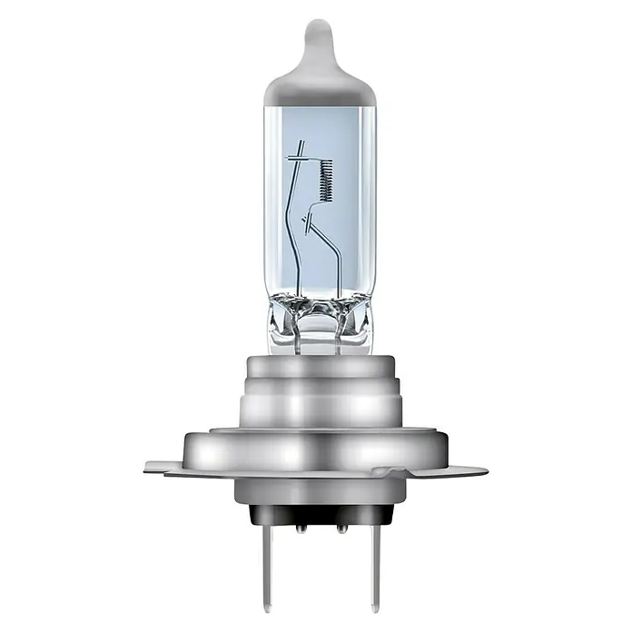 Osram Hauptscheinwerfer-Lampen White Star - H7, 1 Stk. - Nahaufnahme einer H7-Halogenlampe, einem gängigen Autoteil für Scheinwerfer, vor einem schwarzen Hintergrund.