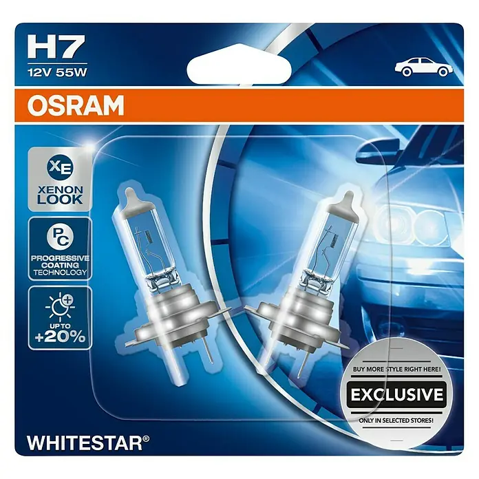 Osram Hauptscheinwerfer-Lampen White Star - H7, 2 Stk. - Produktverpackung für OSRAM Whitestar H7 12V 55W Halogenlampen mit Xenon-Look und bis zu 20% mehr Lichtleistung.