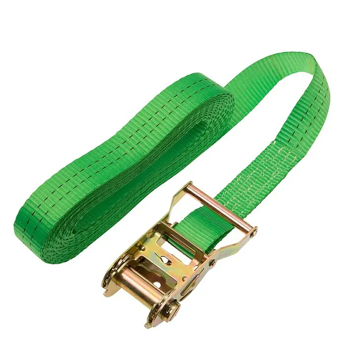 Conacord Spanngurt - 6 m x 3,5 cm, Belastbarkeit: 1.000 kg, Einteilig, Mit Ratsche, Grün - Nahaufnahme eines grünen Spanngurts mit Ratsche, ideal zum Sichern von Lasten beim Transport. Das robuste Material und die zuverlässige Mechanik garantieren sicheren Halt.