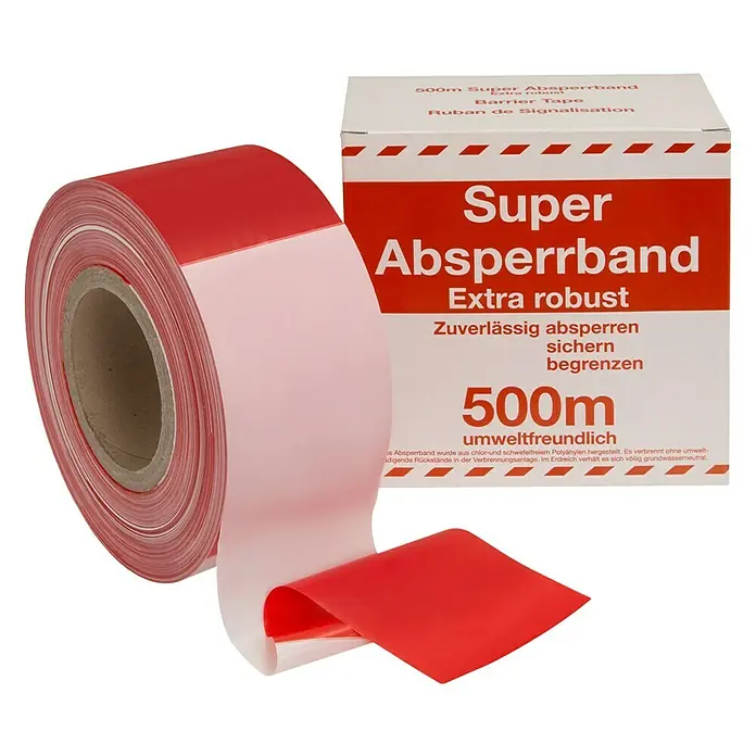 Stabilit Absperrband - L x B: 500 m x 80 mm, Rot/Weiß - Absperrband "Super Absperrband" auf Rolle mit Verpackung. Das rot-weiße Band ist extra robust, 500 m lang und umweltfreundlich.