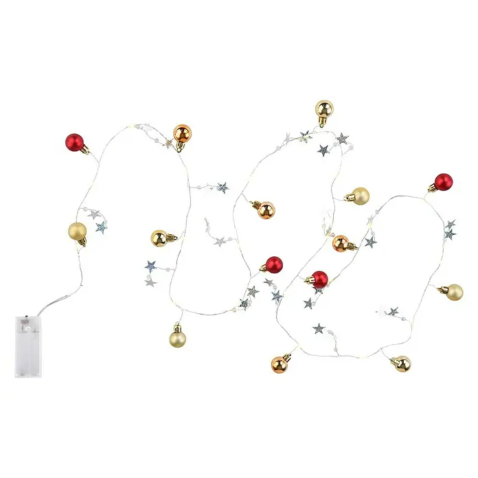 LED-Lichterkette - Außen, Anzahl Leuchtmittel: 20 Stk., Batteriebetrieben - Festliche Lichterkette mit goldenen und roten Kugeln sowie Sternen, ideal für die Weihnachtsdekoration.