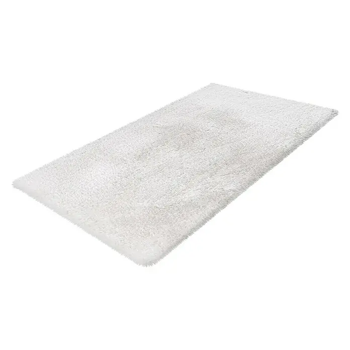 Badteppich Happy - 50 x 90 cm, Weiß, 100% Polyester - Ein rechteckiger, weißer, flauschiger Teppich, der auf einem neutralen Hintergrund liegt und ein weiches und luxuriöses Gefühl vermittelt.