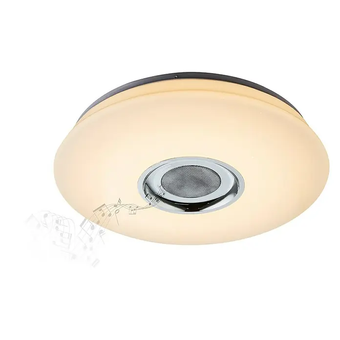 Tween Light LED-Deckenleuchte rund - 24 W, Weiß, RGBW - Deckenleuchte mit integriertem Lautsprecher. Die Lampe ist weiß und hat einen chromfarbenen Lautsprecher in der Mitte. Sie strahlt helles Licht aus.