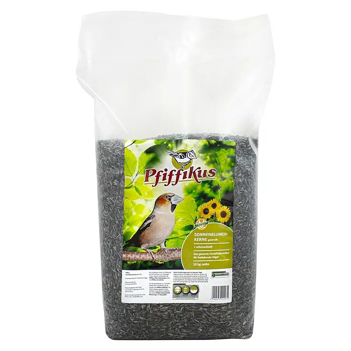 Pfiffikus Wildvogelfutter Sonnenblumenkerne - 10 kg - Bild einer Packung Pfiffikus Sonnenblumenkerne, ein gesundes Einzelfuttermittel für freilebende Vögel, mit einem Nettogewicht von 10 kg.