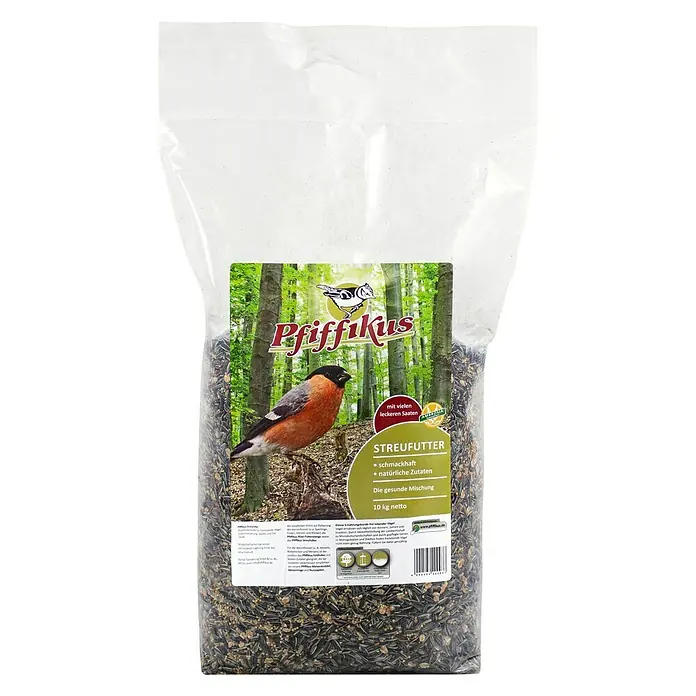 Pfiffikus Wildvogelfutter Streufutter - 10 kg - Bild einer Packung Pfiffikus Streufutter mit Waldmotiv und einem Gimpel. Das Vogelfutter enthält schmackhafte, natürliche Zutaten und ist in 10kg-Packungen erhältlich.