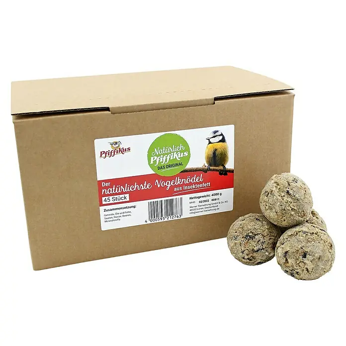 Pfiffikus Wildvogelfutter Insektenfettknödel - 4.000 g, 45 Stk. - Abbildung einer Packung "Pfiffikus" natürlichste Vogelknödel mit Insektenfett und einigen Knödeln.