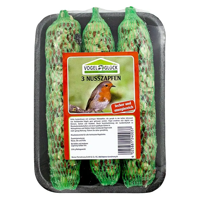Vogelglück Wildvogelfutter Nusszapfen - 3 Stk. - Produktfoto: Vogel Glück 3 Nusszapfen, Vogelfutter mit Nüssen, Ölen und Fetten für heimische Vogelarten in grüner Netzverpackung.