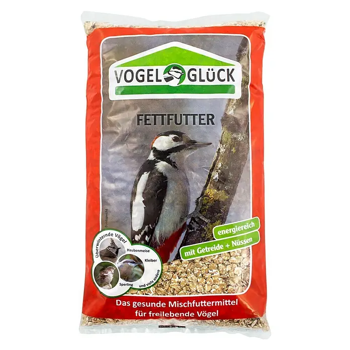 Vogelglück Wildvogelfutter Fettfutter - 1 kg - Bild einer Packung Vogelfutter, "Vogel Glück Fettfutter", mit einem Buntspecht und dem Hinweis "energiereich mit Getreide + Nüssen".