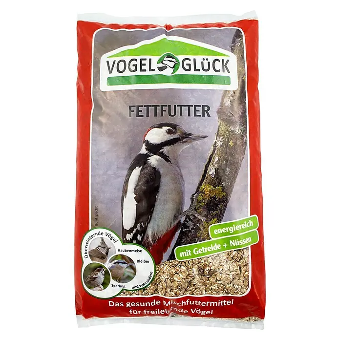 Vogelglück Wildvogelfutter Fettfutter - 2,5 kg - Produktbild einer Packung Vogelfutter "Vogel Glück Fettfutter" mit einem Buntspecht auf der Vorderseite.