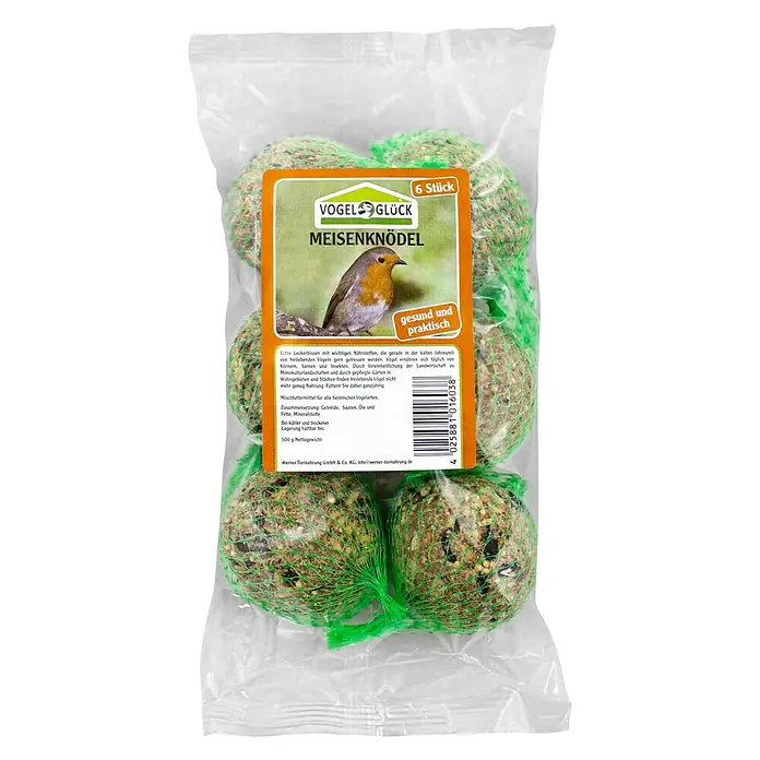 Vogelglück Meisenknödel - 6 Stk. - Vogelfutter: Eine Packung Meisenknödel, ein nahrhafter Leckerbissen für Wildvögel, ideal für die ganzjährige Fütterung im Garten.