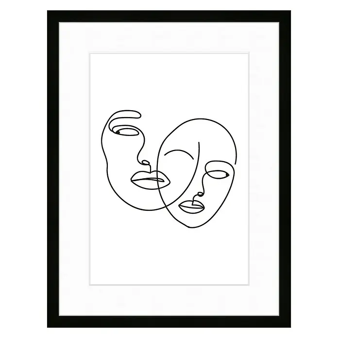 Nielsen Holzrahmen Apollo - 30 x 40 cm, Schwarz - Schwarzer Bilderrahmen mit einem minimalistischen Kunstdruck, der zwei stilisierte Gesichter in einer einzigen Linie darstellt. Elegante Wanddekoration.
