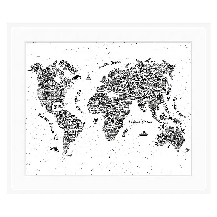 Nielsen Holzrahmen Apollo - 50 x 60 cm, Weiß - Schwarz-weiße Weltkarte mit Illustrationen, die kulturelle Sehenswürdigkeiten und geografische Besonderheiten darstellen.