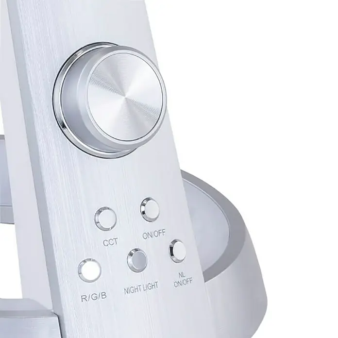 Globo LED-Tischleuchte Mitti - 8 W, L x B x H: 34,3 x 18,3 x 64 cm, Silber, Kaltweiß - Nahaufnahme einer silbernen Tischleuchte mit Drehknopf und mehreren runden Tasten zur Steuerung von Farbe und Helligkeit.