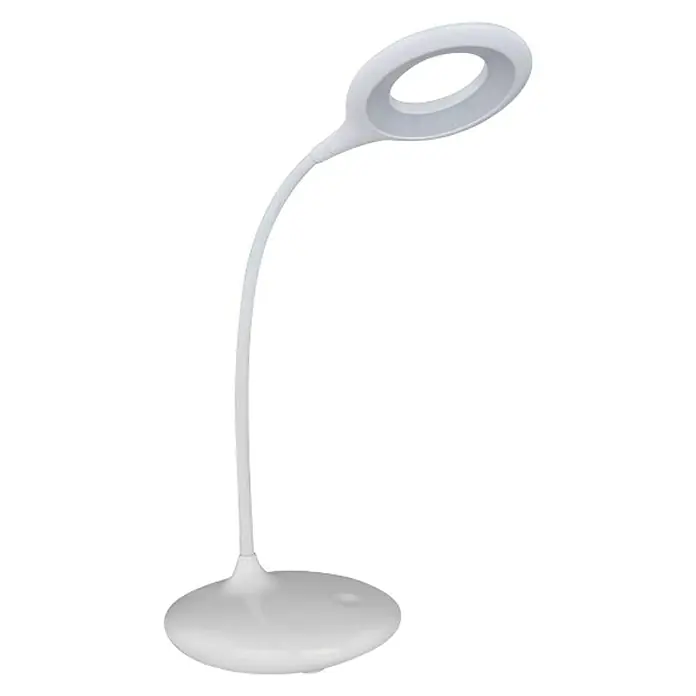 Globo Lámpara de sobremesa LED - 5 W, L x An x Al: 40 x 12,5 x 49 cm, Blanco neutro - Lámpara de escritorio blanca con luz LED circular y cuello flexible sobre un fondo negro.