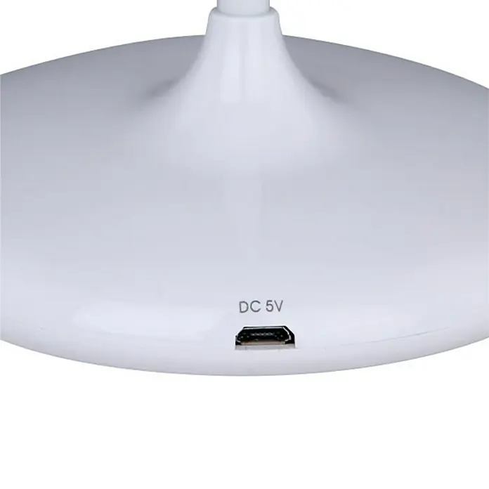 Globo Lámpara de sobremesa LED - 5 W, L x An x Al: 40 x 12,5 x 49 cm, Blanco neutro - Primer plano de una lámpara de escritorio blanca que cuenta con un puerto DC 5V, ideal para cargar dispositivos o alimentar la lámpara.