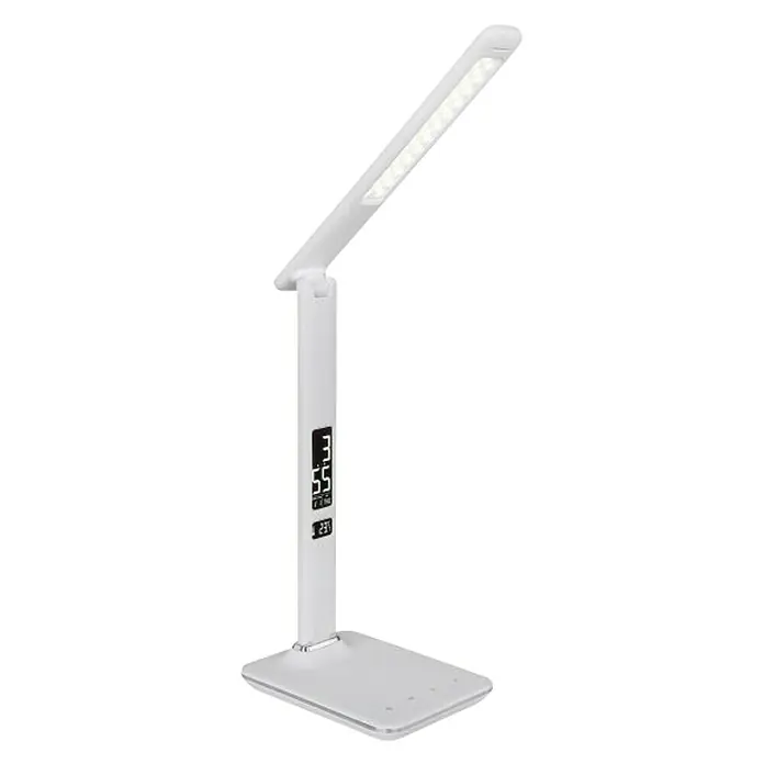Globo LED-Tischleuchte Tanna - 7 W, L x B x H: 55 x 14 x 59 cm, Weiß, Kaltweiß - Elegante weiße Schreibtischlampe mit LED-Beleuchtung und integrierter Digitalanzeige für Uhrzeit und Temperatur.
