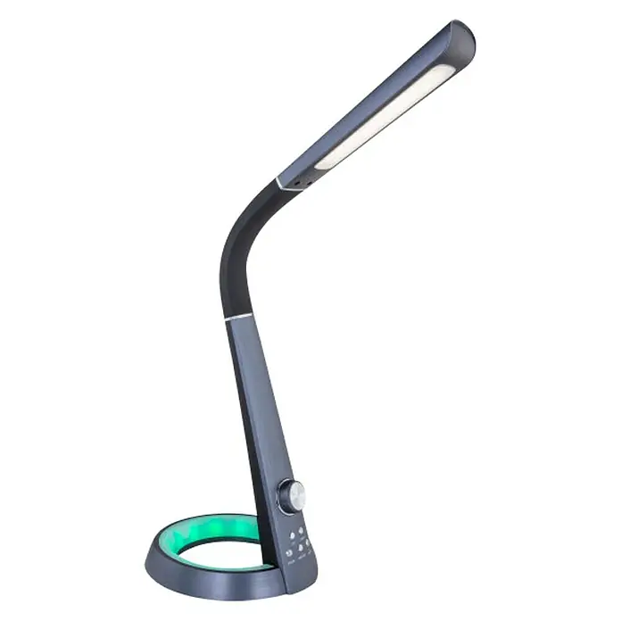 Globo LED-Tischleuchte Mitti - 8 W, L x B x H: 34,3 x 18,3 x 64 cm, Schwarz, Kaltweiß - Eine moderne, graue Schreibtischlampe mit LED-Beleuchtung und grünem Licht am Sockel. Perfekt für den Schreibtisch oder Nachttisch.