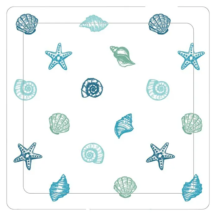 Duscheinlage Smoothie Mare - 54,5 x 54,5 cm, PVC, Blau/Weiß - Das Bild zeigt ein quadratisches Design mit verschiedenen Meeresmotiven wie Muscheln und Seesterne, ideal für Strandliebhaber und maritime Dekorationen.