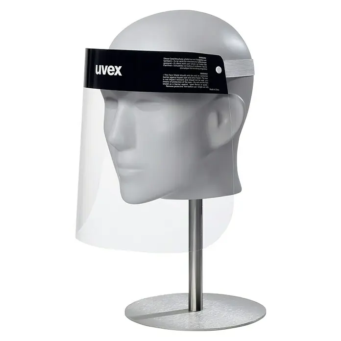Uvex Gesichtsschutz - Einweg - Klare Schutzmaske von Uvex auf einer grauen Mannequin-Büste.
