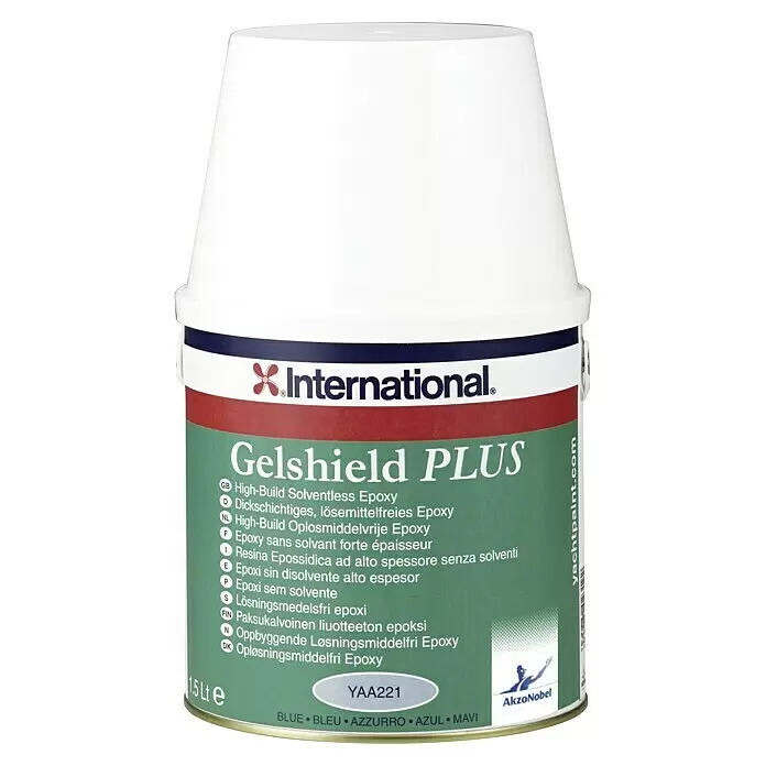 International Grundierung - Blau, 2,25 l - Weißer 1,5 L Behälter mit International Gelshield PLUS hochschichtigem, lösungsmittelfreiem Epoxidharz in Blau.