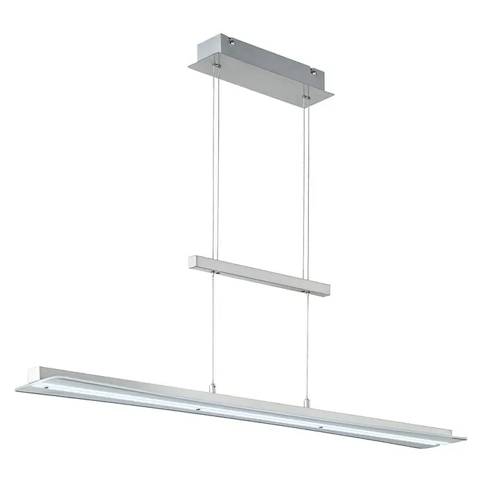 Reality Leuchten LED-Pendelleuchte Smash - 18 W, L x B x H: 12 x 100 x 150 cm, Nickel - Eine moderne LED-Hängeleuchte in Silber, die ein helles und effizientes Licht spendet. Das schlichte Design passt gut über Esstische oder in Büros.