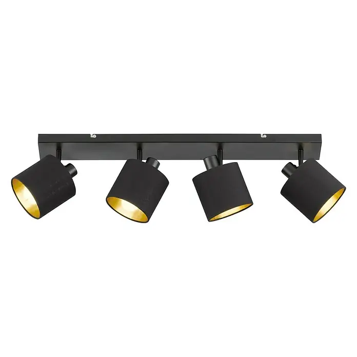 Reality Leuchten Tommy Deckenstrahler - 28 W, Höhe: 19 cm, Schwarz, E14, 4 Stk. - Schwarze Deckenleuchte mit vier goldenen Lampenschirmen für eine stilvolle Beleuchtung.