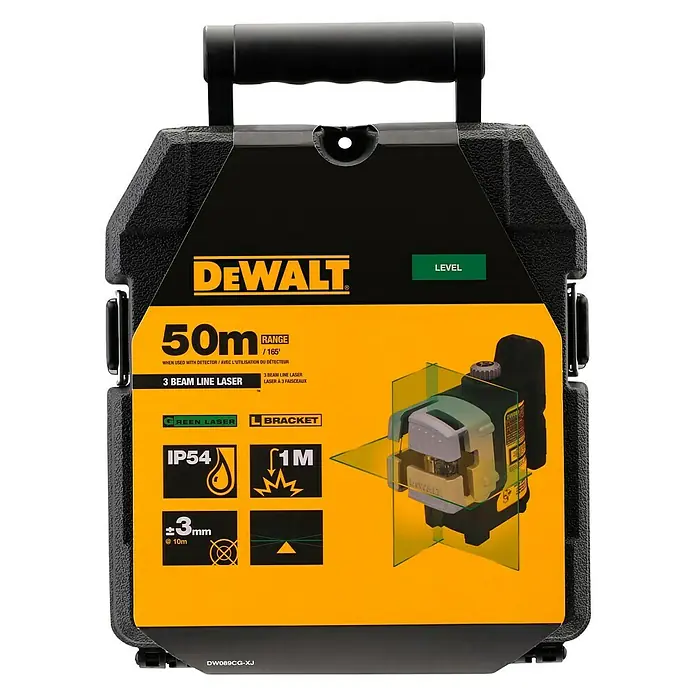 DeWalt Nivel láser en cruz DW089CG - Zona de trabajo máx.: 20 m, Precisión de medición: ± 0,3 mm/m - Imagen de un láser de líneas de 3 haces DeWalt de 50 m con tecnología láser verde, empaquetado en una robusta caja de almacenamiento negra.