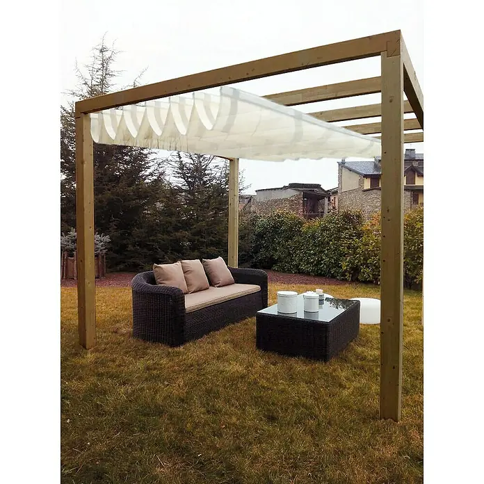 Pérgola con toldo corredero Green - L x An: 400 x 300 cm, Marrón - Rincón de jardín acogedor con una pérgola elegante, un sofá cómodo y una mesa elegante, perfecto para relajarse al aire libre.