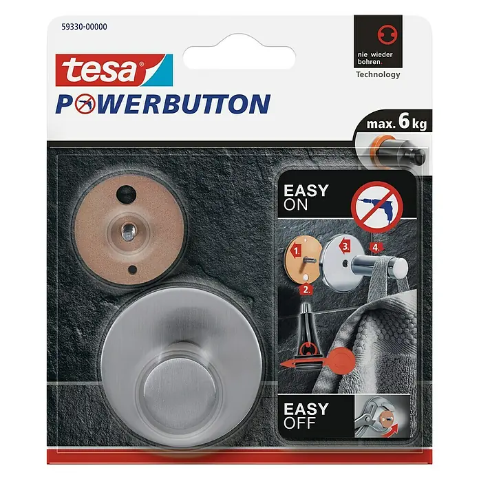 Tesa Powerbutton Wandhaken Classic - Rund, Selbstklebend - Tesa Powerbutton-Verpackung für eine Wandbefestigungslösung ohne Bohren, ideal für Badezimmer und andere Räume.