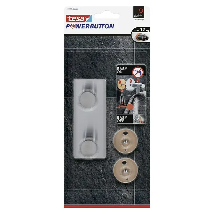 Tesa Powerbutton Doppelhaken Classic - Rechteckig, Edelstahl, Selbstklebend - Abbildung eines Tesa Powerbutton-Produktpakets. Der Powerbutton ist eine großartige Möglichkeit, Gegenstände bis zu 12 kg zu befestigen.