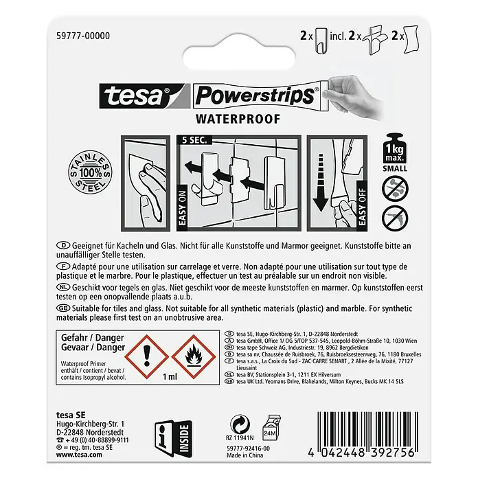 Tesa Powerstrips Wandhaken Zoom Small - 2 Stk., Rechteckig, Metall - Tesa Powerstrips Wasserdicht: Ideal für Fliesen und Glas, mit Primer für sicheren Halt bis 1 kg. Einfache Anbringung und Entfernung.