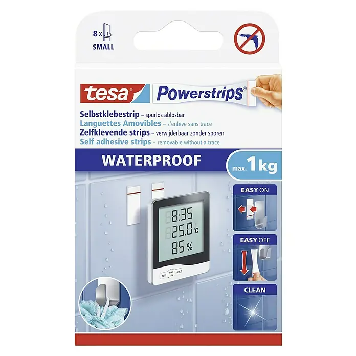 Tesa Powerstrips Selbstklebestrip Small - 8 Stk. - Tesa Powerstrips, kleine, wasserfeste, selbstklebende Streifen zum Aufhängen von Gegenständen bis zu 1 kg Gewicht ohne Bohren.