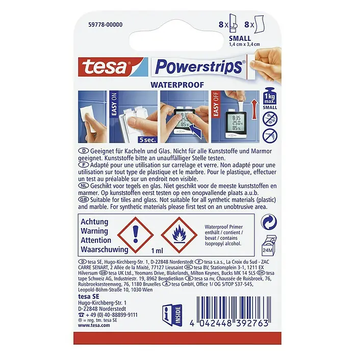Tesa Powerstrips Selbstklebestrip Small - 8 Stk. - Tesa Powerstrips für Fliesen und Glas, wasserfest und geeignet für die meisten Oberflächen. Einfache Anwendung in wenigen Sekunden.